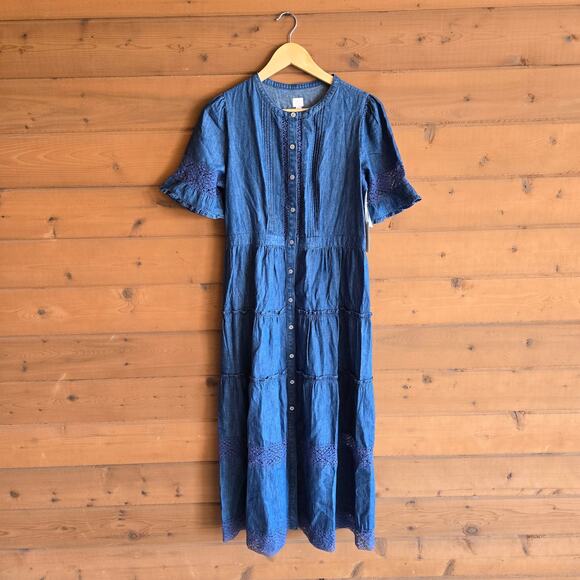 Gap x LoveShackFancy Denim Tiered Midi Dress Prairie Dark Wash NWT Small Boho - Picture 2 of 4